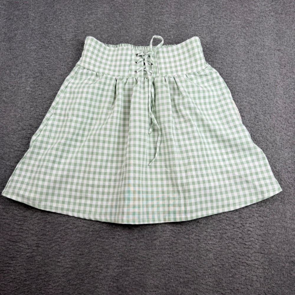 Nice Claup Gingham Skirt Girls 150 Green Lace Up Corset High Waist A-Line Pocket